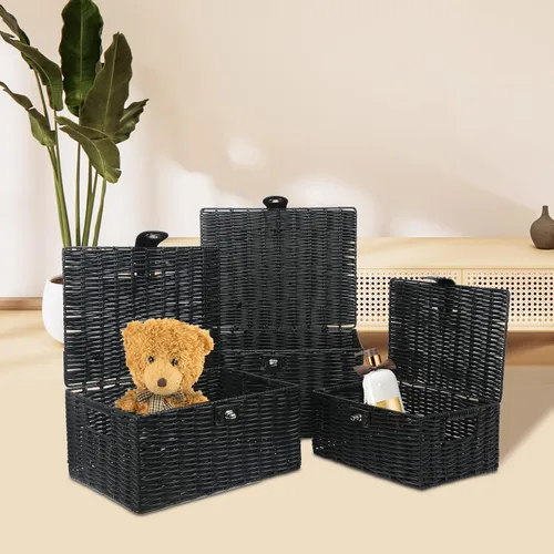 Miniatura 8 de Honygebia - Canastas de almacenamiento de mimbre negro - Juego de 3 cajas decorativas anidadas con tapas, canasta tejida con cerradura y asa