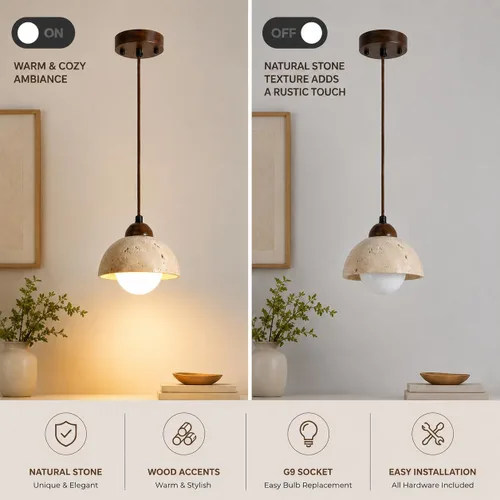 Miniatura 7 de Lámpara colgante de travertino natural con globo de vidrio esmerilado, moderna lámpara colgante Wabi Sabi para isla de cocina, comedor, dormitorio