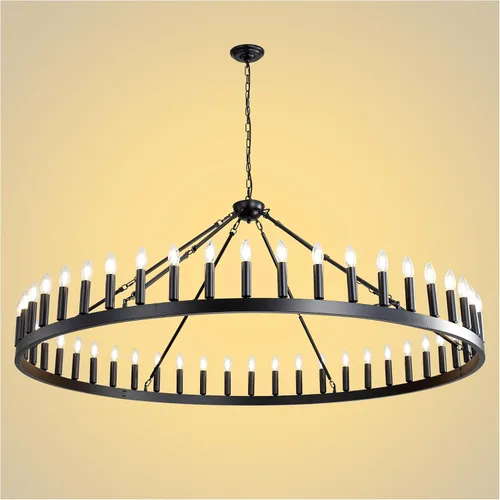 Miniatura 18 de Candelabro de dos niveles en negro, rueda de vagón grande, 54 luces, lámpara colgante de granja redonda de 152 cm, iluminación rústica para comedor