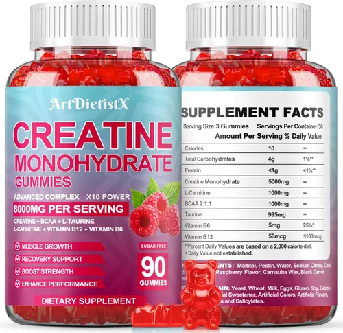 Miniatura 10 de Gomitas de monohidrato de creatina de 8000 mg con BCAA, L-carnitina, taurina y vitamina B12, suplemento preentrenamiento para crecimiento muscular
