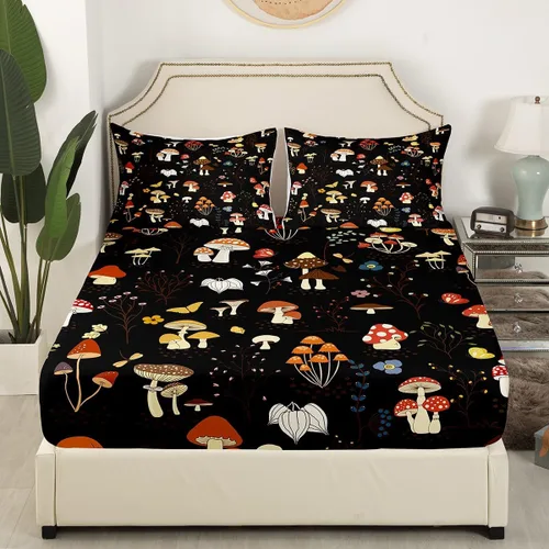 Miniatura 4 de Erosebridal Juego de sábanas de hongos para cama individual, diseño de hongos de dibujos animados, diseño de mariposas kawaii, plantas botánicas