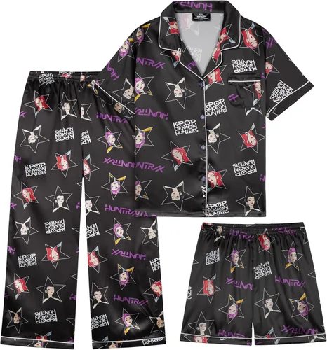 Get Trend KPop Demon Hunters - Pijamas para niñas, con licencia oficial, conjunto de pijama Huntrix de 3 piezas con pantalones y pantalones cortos,