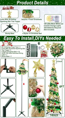 Miniatura 4 de [Temporizador y 8 modos] Árbol de Navidad delgado iluminado de 6 pies, feliz año nuevo 2025 con 100 luces cambiantes blancas cálidas y multicolor