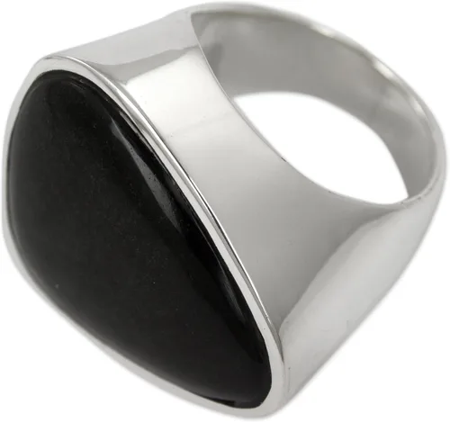Miniatura 4 de NOVICA Obsidian Plata de ley 925. Cóctel Anillo "asimétrico Negro