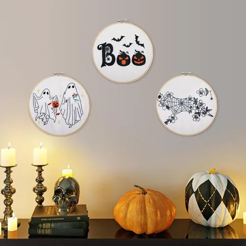 Miniatura 7 de Kit de bordado de Halloween para adultos principiantes, kit de punto de cruz estampado para adultos principiantes, kit de inicio de bordado a mano