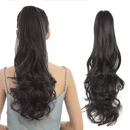Miniatura 6 de Extensión de cabello negro con cola de caballo de 22 pulgadas de largo, rizado, ondulado, peluca sintética con clip, peluca de cola de caballo