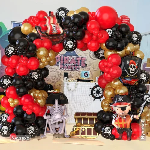 Miniatura 5 de Decoraciones de fiesta de cumpleaños pirata, 142 piezas de guirnalda de globos dorados metálicos rojos, negros, kit de arco de arco de globos