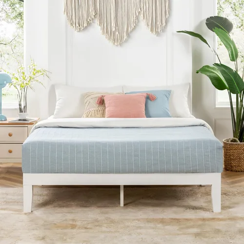 Mellow Naturalista Classic - Cama de plataforma de madera maciza de 12 pulgadas con listones de madera, tamaño Queen, color blanco