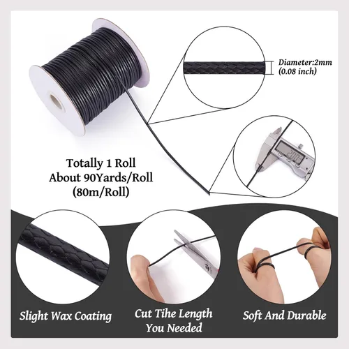 Miniatura 2 de Cheriswelry 90 yardas/rollo de 0.079 pulgadas, cordón encerado negro de poliéster coreano, joyería de cuentas, hilos para manualidades, cuerda