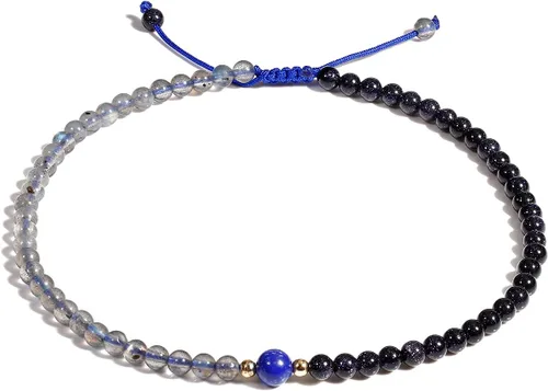 Jewever Pulsera tobillera de piedra lunar con piedra arenisca azul para mujer, cristales curativos de energía, pulsera para mujer, gema de yoga,