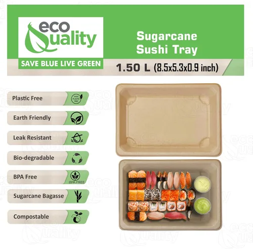 Miniatura 2 de EcoQuality Bandejas de sushi compostables XL - Contenedor de sushi para llevar bagazo de caña de azúcar natural - Biodegradable, plato de sushi