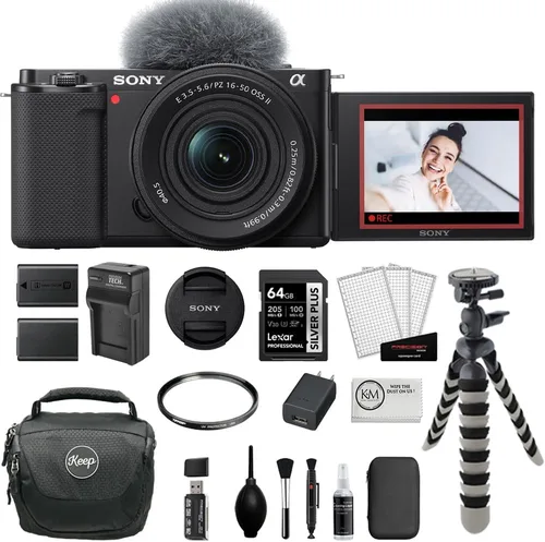 Sony ZV-E10 Cámara sin espejo con lente de 0.630-1.969 in | Paquete negro con tarjeta de memoria de 64 GB, filtro UV, flexípode de 8 pulgadas,