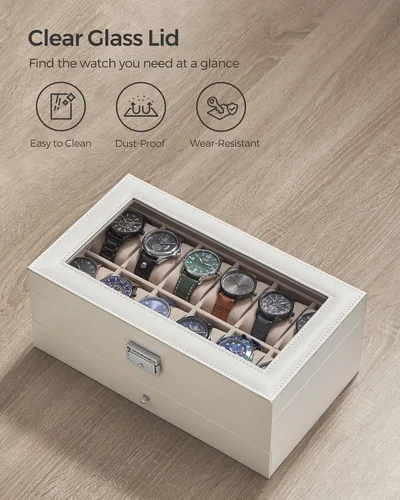 Miniatura 36 de SONGMICS UJWB012 - Caja de reloj de 12 ranuras, caja de reloj con cerradura con tapa de vidrio, 2 capas, con 1 cajón para anillos, pulseras, idea