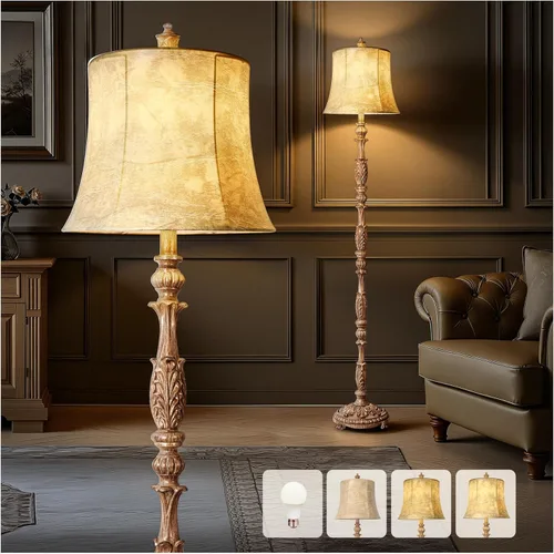 Scenekoy Lámpara de pie vintage de 66 pulgadas de alto para sala de estar, dormitorio, lámpara de pie tallada en resina con pantalla de piel