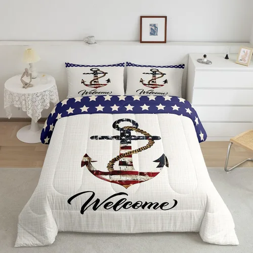 Miniatura 38 de Juego de edredón Lake House tamaño Twin, juego de ropa de cama náutica de navegación con ancla de 2 piezas para decoración de habitación de niños