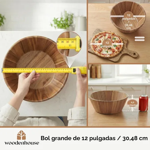 Miniatura 2 de Woodenhouse Tazón de ensalada de madera, tazón para ensalada, tazón de madera - 12" Diseño redondo, tazón de frutas hecho a mano, duradero