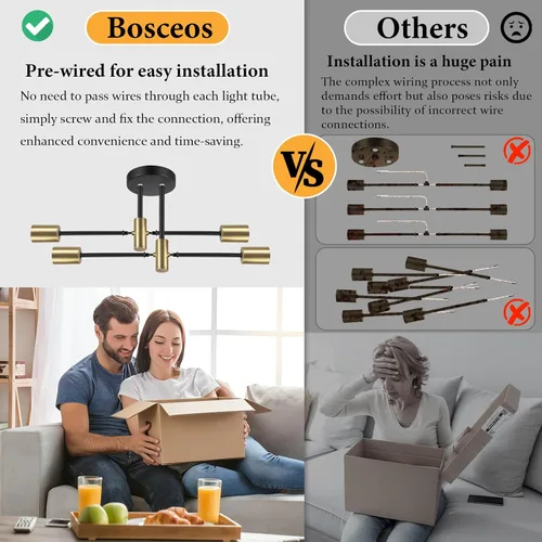 Miniatura 2 de Bosceos Lámpara de techo semiempotrada, lámpara de techo Sputnik moderna de 4 luces negras y doradas, lámpara de techo industrial para cocina