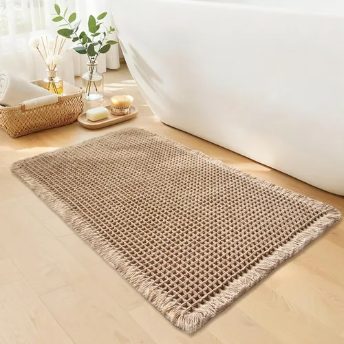 Tapete de baño estilo gofre, tapete de baño bohemio, antideslizante, lavable, súper absorbente y de secado rápido, tapetes de baño pequeños, Caqui