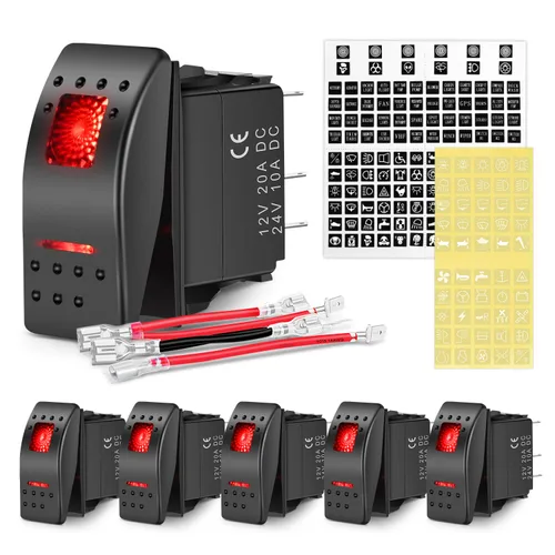 Nilight - Interruptores basculantes de 6 unidades con calcomanías de brillo nocturno, 5 pines SPST, con retroiluminación roja de 12V/24V, para Rojo