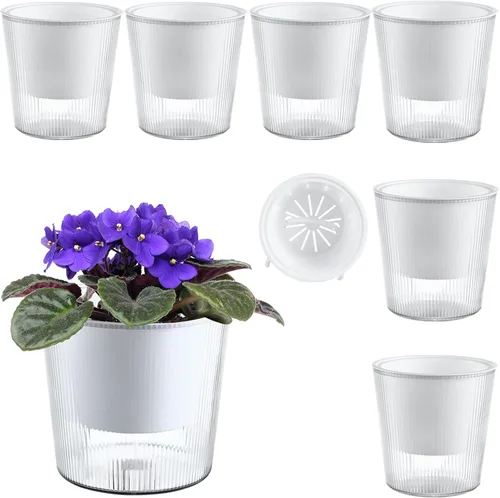 Pack de 6 Macetas de 11.4 cm de Riego Automático y Transparentes para Plantas de Interior, Macetas de Plástico con Mecha para Orquídeas Medianas,