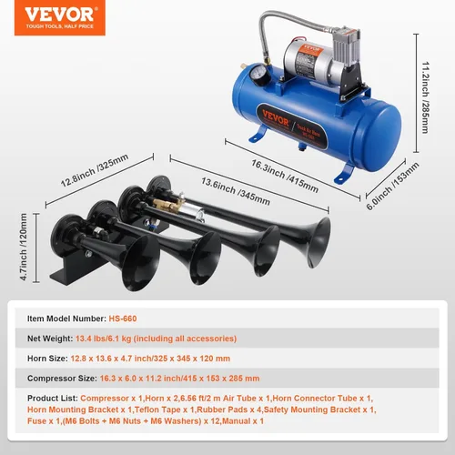 Miniatura 7 de VEVOR Kit de 4 Bocinas de Aire de Trompeta, 150dB Bocinas de Tren para Camionetas Pickup, Compresor de Aire de 12V 120 psi Tanque de 1.6 Gal/6 L