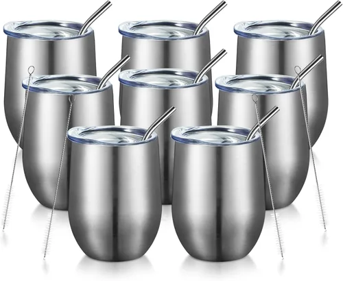 COMOOO Vaso de vino aislado de 12 onzas con tapa, vaso de vino de acero inoxidable sin tallo, vaso de vino de doble pared al vacío con pajita, café,