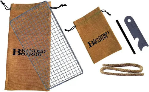 Miniatura 7 de Parrilla portátil de Bushcraft con rejilla para barbacoa de acero inoxidable, tabla de cortar de bambú, bolsa de arpillera, cuchillo mini, kits