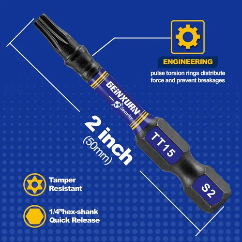 Miniatura 4 de Geinxurn Juego de brocas de destornillador magnético de impacto de seguridad T15 de 2 pulgadas, juego de brocas de potencia de cabeza Torx #15 de 51
