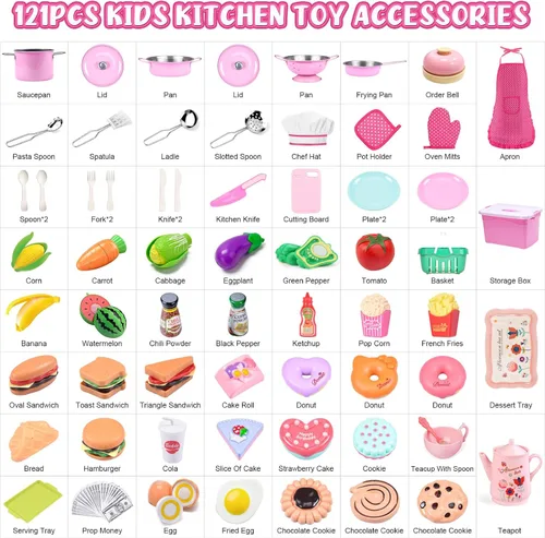 Miniatura 6 de 121 piezas de accesorios de cocina de juguete, juego de cocina para niños, juego de comida de imitación, set de fiesta de té, cocina de juguete