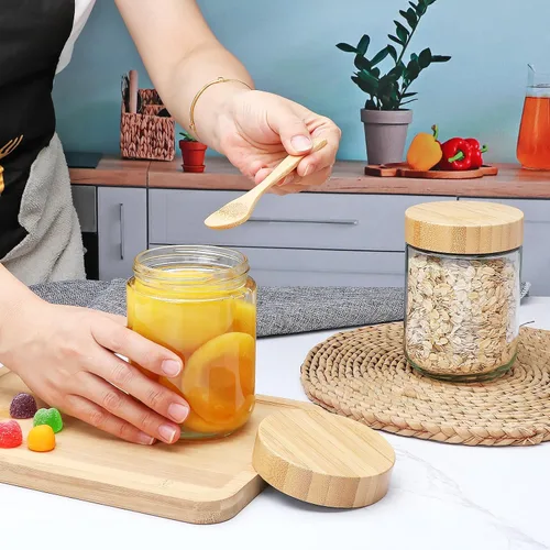 Miniatura 9 de Tarros de vidrio de 16 onzas con tapas, recipientes de avena nocturna con tapas de bambú, frascos Mason de vidrio de boca ancha, recipientes