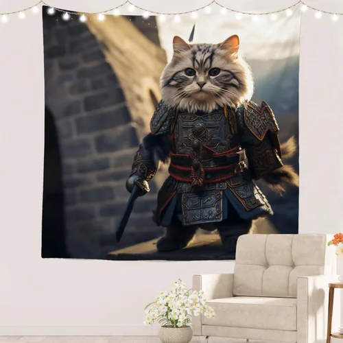 Miniatura 28 de Batmerry Cat In Armor Polyester Tapestry, Cat Armor Sword Warrior Battle Shield Lightweight Wall Hanging High-Definition Print Backdrop For Dorm