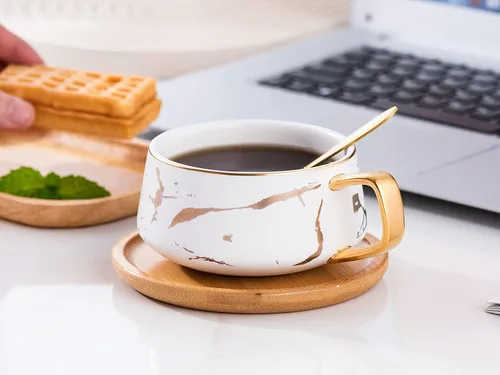 Miniatura 6 de Jusalpha Juego de taza de té y platillo de bambú de 300 ml con impresión de mano dorada de lujo, patrón de mármol de moda para mujeres TCS19 (blanco)