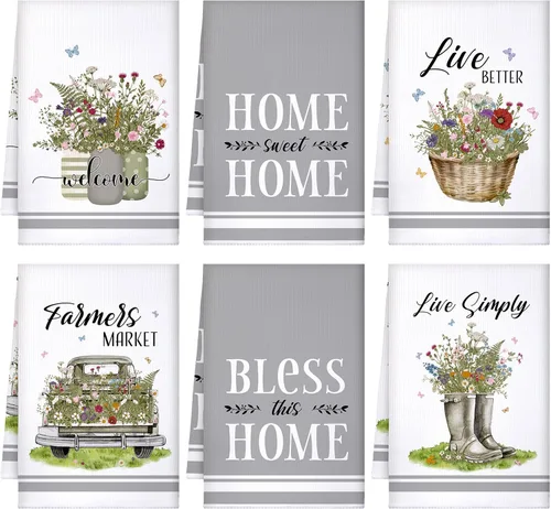 Miniatura 17 de Set de 6 toallas de cocina lavanda púrpura con flores, paños de cocina rústicos absorbentes, toallas de mano lavanda para té, de 24 x 16 pulgadas
