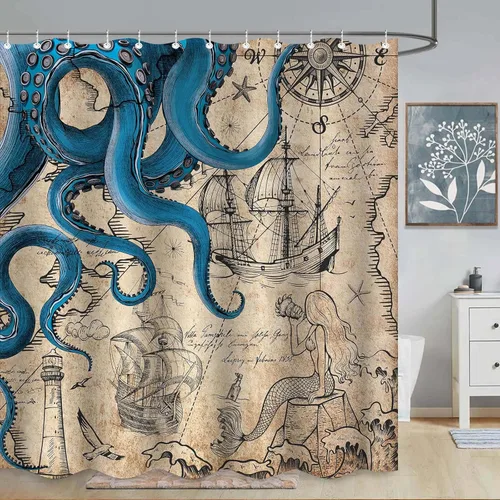 Miniatura 10 de Fungarth Cortina de ducha de pulpo náutico azul, sirena azul marino, divertida cortina de ducha estilo kraken del océano para baño, ancla fresca