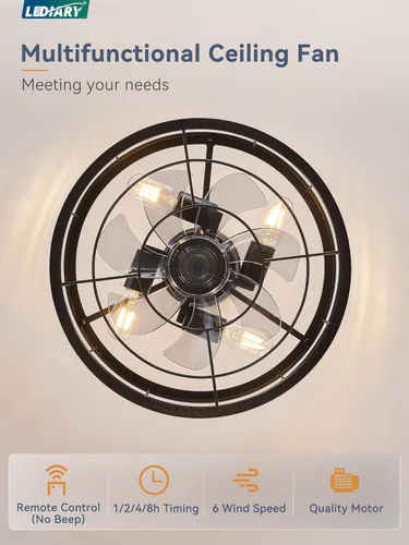 Miniatura 4 de LEDIARY - Ventilador de techo 16.5 pulgadas con jaula y luz, diseño industrial, estilo granja, para cocina, dormitorio, exterior, control remoto, 6