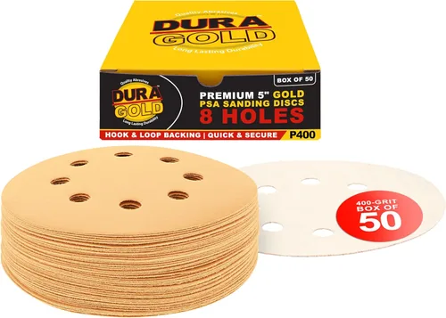 Miniatura 8 de Dura-Gold Discos de papel de lija premium de grano 220 de 5 pulgadas, patrón de 8 agujeros, sin polvo, 50 discos, soporte de gancho y bucle