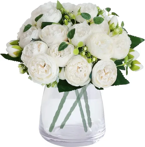 Miniatura 8 de 4 racimos de flores artificiales de peonías de seda de 20 cabezas, flores falsas para decoración del hogar, ventana, boda, fiesta (rosa), jarrón