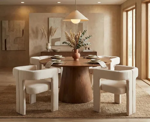 Miniatura 3 de CIMOTA Juego de 2 sillas de comedor modernas de barril, sillas acentuadas tapizadas en tela de lino con brazos/patas de madera/espalda abierta