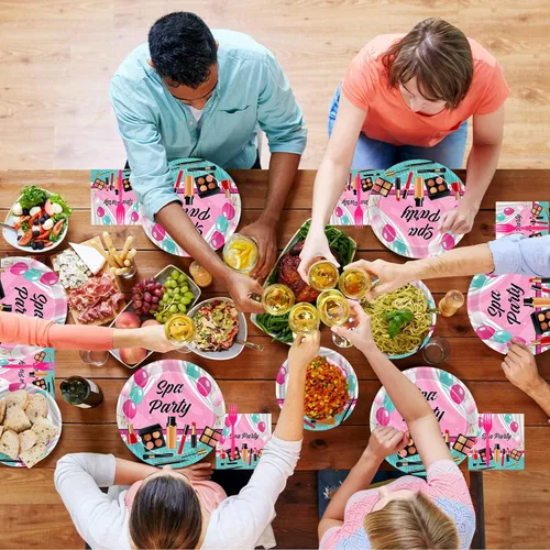 Miniatura 6 de Kepeel 96 piezas de platos y servilletas para fiesta de spa, suministros de decoración para fiesta de maquillaje de día de spa para niñas, niñas