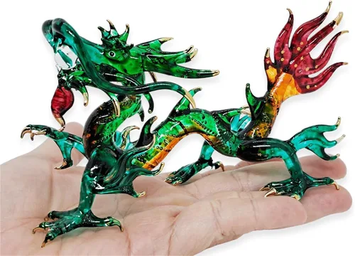 Miniatura 10 de Figura de cristal de dragón asiático chino azul verde oscuro de 2 pulgadas, estatua soplada a mano, decoración de mesa, única coleccionable