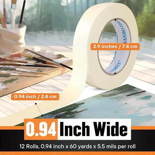 Miniatura 2 de Cinta adhesiva de 0.94 pulgadas de ancho, fina cinta blanca para pintores, cinta adhesiva beige a granel para pintar el hogar, oficina, escuela