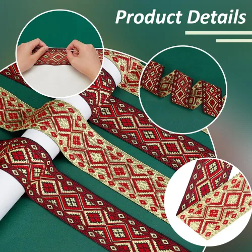 Miniatura 4 de PH PandaHall Cinta jacquard bohemia de 7.66 yardas, 2 pulgadas/2.0 in, rombos bordados, estilo étnico, cintas de poliéster con flecos para coser