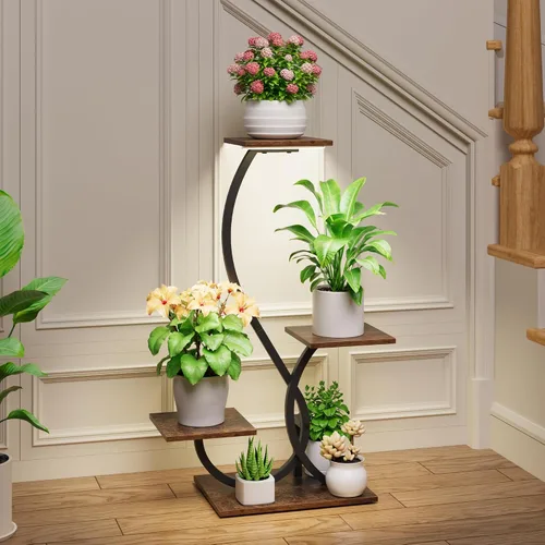 Miniatura 4 de BACEKOLL Soporte para plantas de interior con luces de crecimiento, estante para plantas en forma de S, soportes de esquina iluminados para cultivo