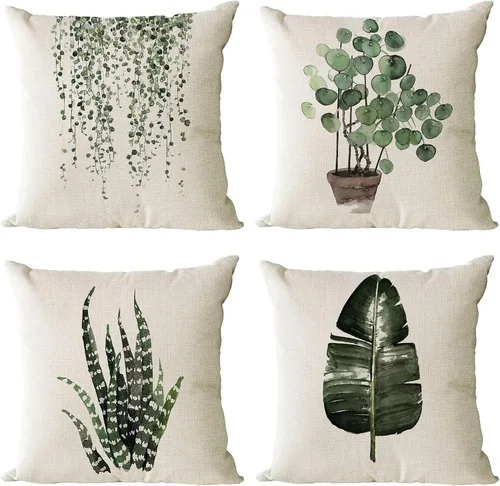 Miniatura 12 de Juego de 4 fundas de almohada decorativas de plantas verdes de 16 x 16 pulgadas, decoraciones de verano, fundas de almohada cuadradas de lino