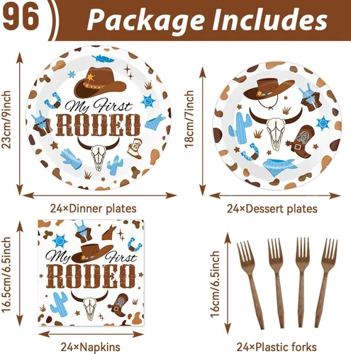 Miniatura 2 de 96 piezas de suministros para mi primer rodeo de cumpleaños, platos de papel, servilletas, vaquero occidental azul, juego de vajilla para fiesta