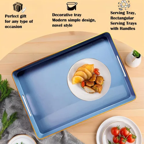 Miniatura 2 de Large Blue Coffee Table Tray, Decorative Serving Tray with Handles, Plastic Rectangular Tray for Ottoman, Bathroom, Living Room.16.7"*12"*1.6