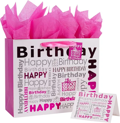 JWSCYSY Bolsa de regalo grande de color blanco y rojo rosa con papel de seda, bolsa de regalo de feliz cumpleaños para niñas y mujeres, 12.6 x 10.25