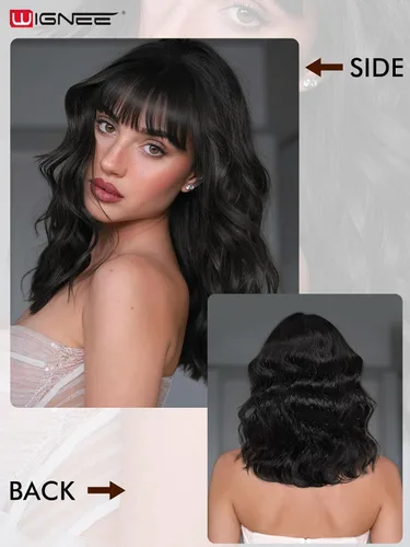 Miniatura 8 de WIGNEE Pelucas onduladas naturales con flequillo, 100% cabello humano brasileño, pelucas onduladas de moda, color negro natural