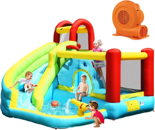 Miniatura 10 de KOTEK Tobogán acuático inflable, tobogán acuático inflable con castillo hinchable de salto, tobogán largo, pared de escalada y piscina de chapoteo