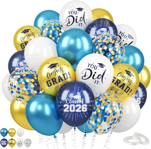 Globos de graduación azules y dorados, 60 globos impresos con texto en inglés "Felicitaciones", 12 pulgadas, azul marino, blanco, azul, metálico,